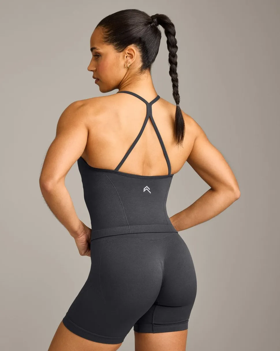 EnhanceLift™ Seamless Strappy Racer Vest with Built in Bra Shelf with Grey Logo