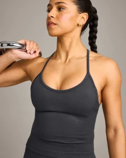 EnhanceLift™ Seamless Strappy Racer Vest with Built in Bra Shelf with Grey Logo