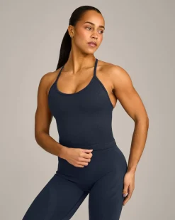 EnhanceLift™ Seamless Strappy Racer Vest with Built in Bra Shelf with Grey Logo