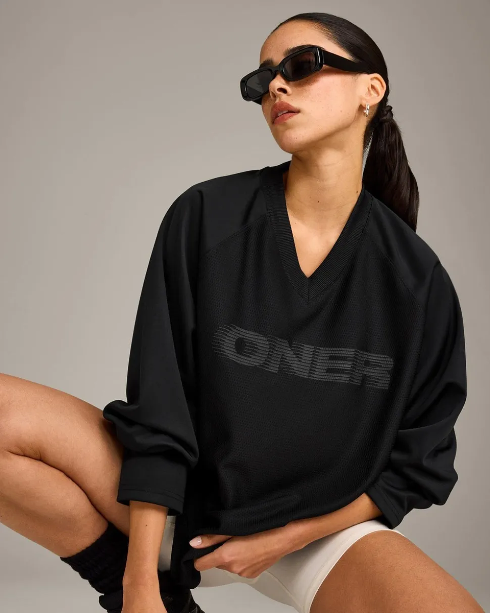 Oversized V Neck Long Sleeve T-Shirt with Oner Graphic