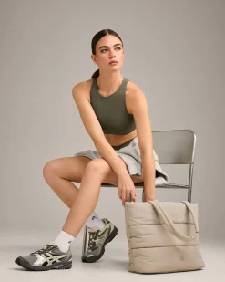 SoftMotion™ High Neck Sports Bra with Grey Logo