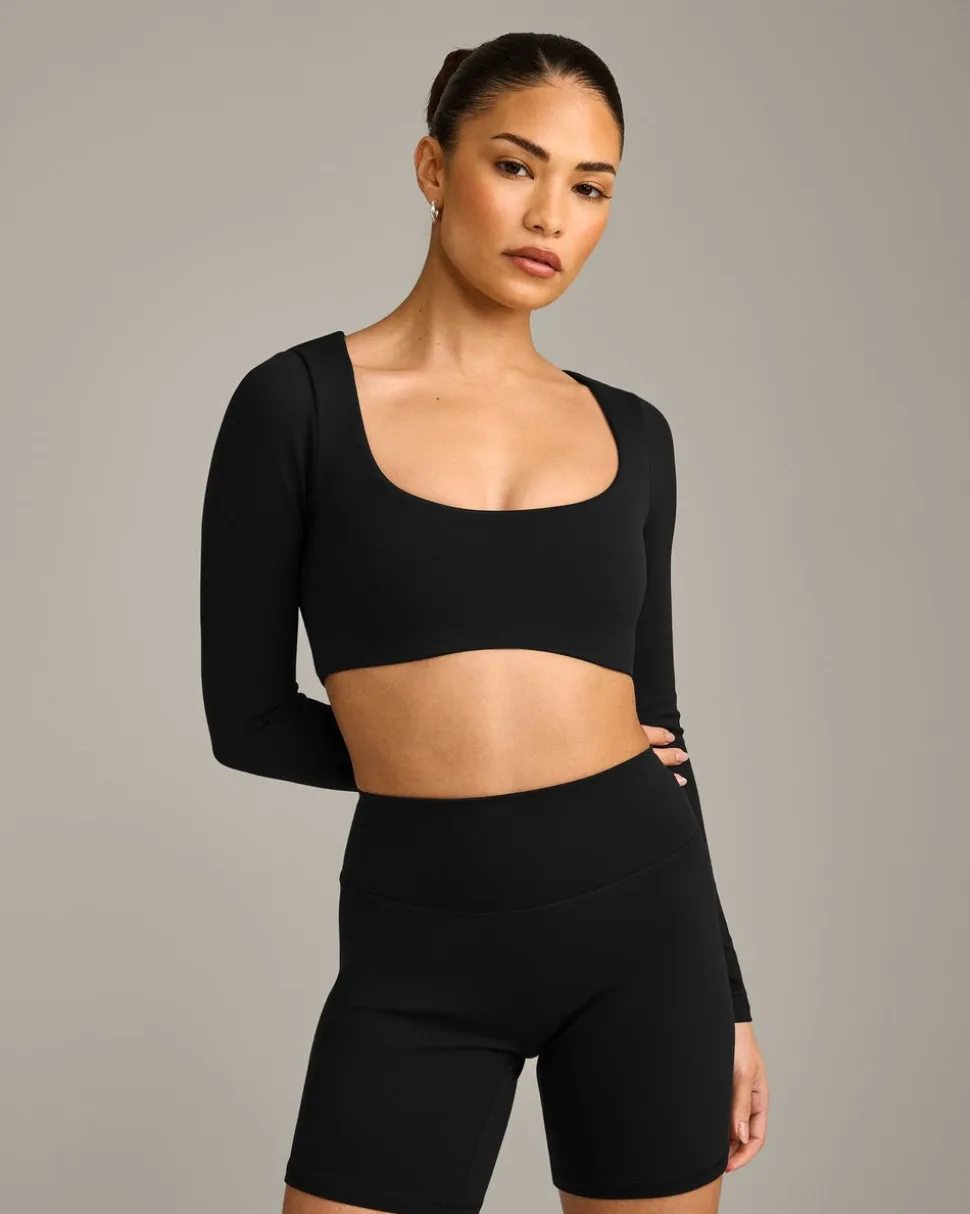 SoftMotion™ Scoop Neck Long Sleeve Crop Top with Built in Bra Shelf with Grey Logo