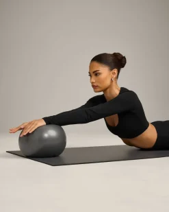 SoftMotion™ Scoop Neck Long Sleeve Crop Top with Built in Bra Shelf with Grey Logo