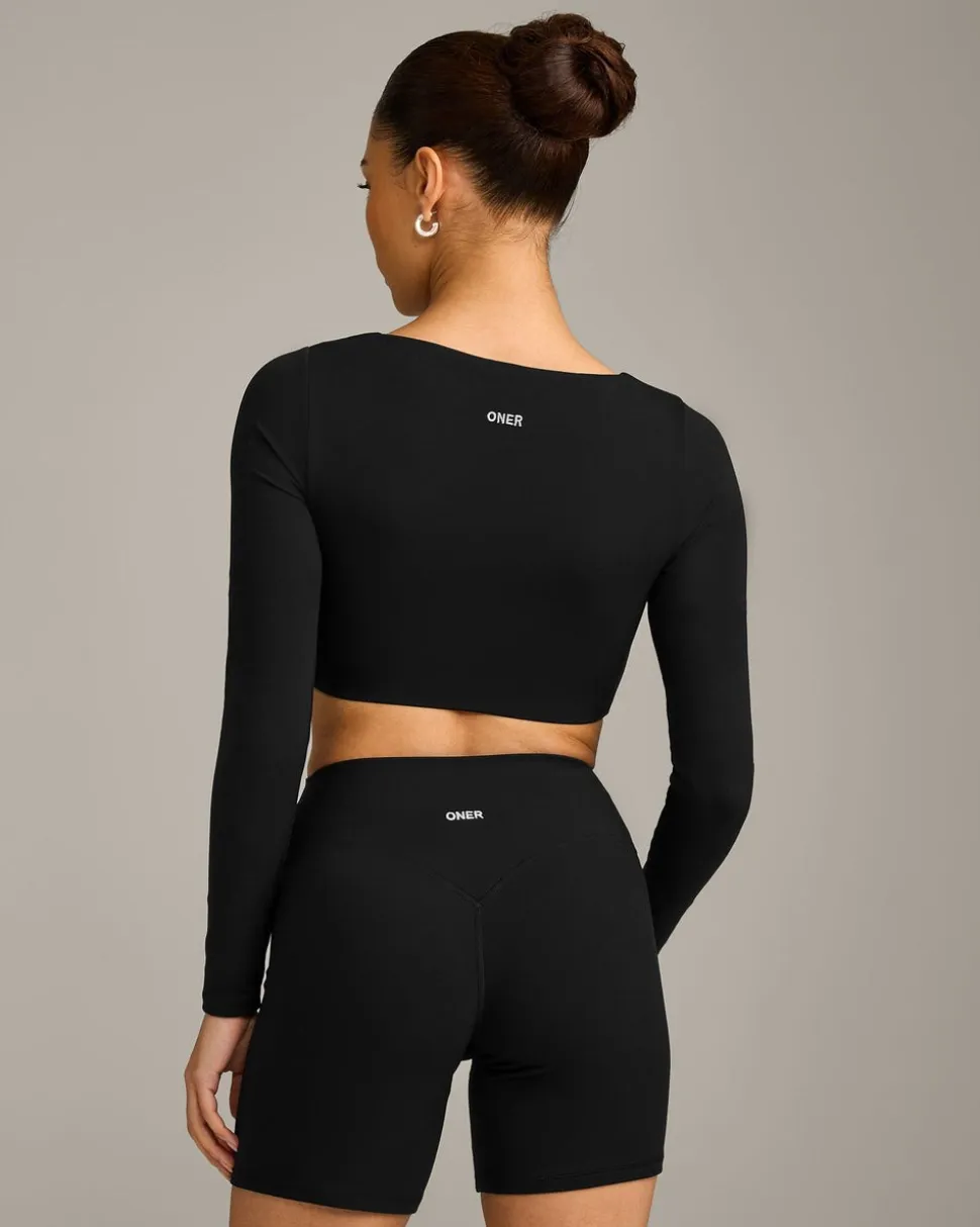 SoftMotion™ Scoop Neck Long Sleeve Crop Top with Built in Bra Shelf with Grey Logo