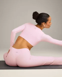 SoftMotion™ Scoop Neck Long Sleeve Crop Top with Built in Bra Shelf with Grey Logo