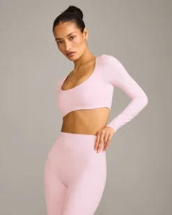 SoftMotion™ Scoop Neck Long Sleeve Crop Top with Built in Bra Shelf with Grey Logo
