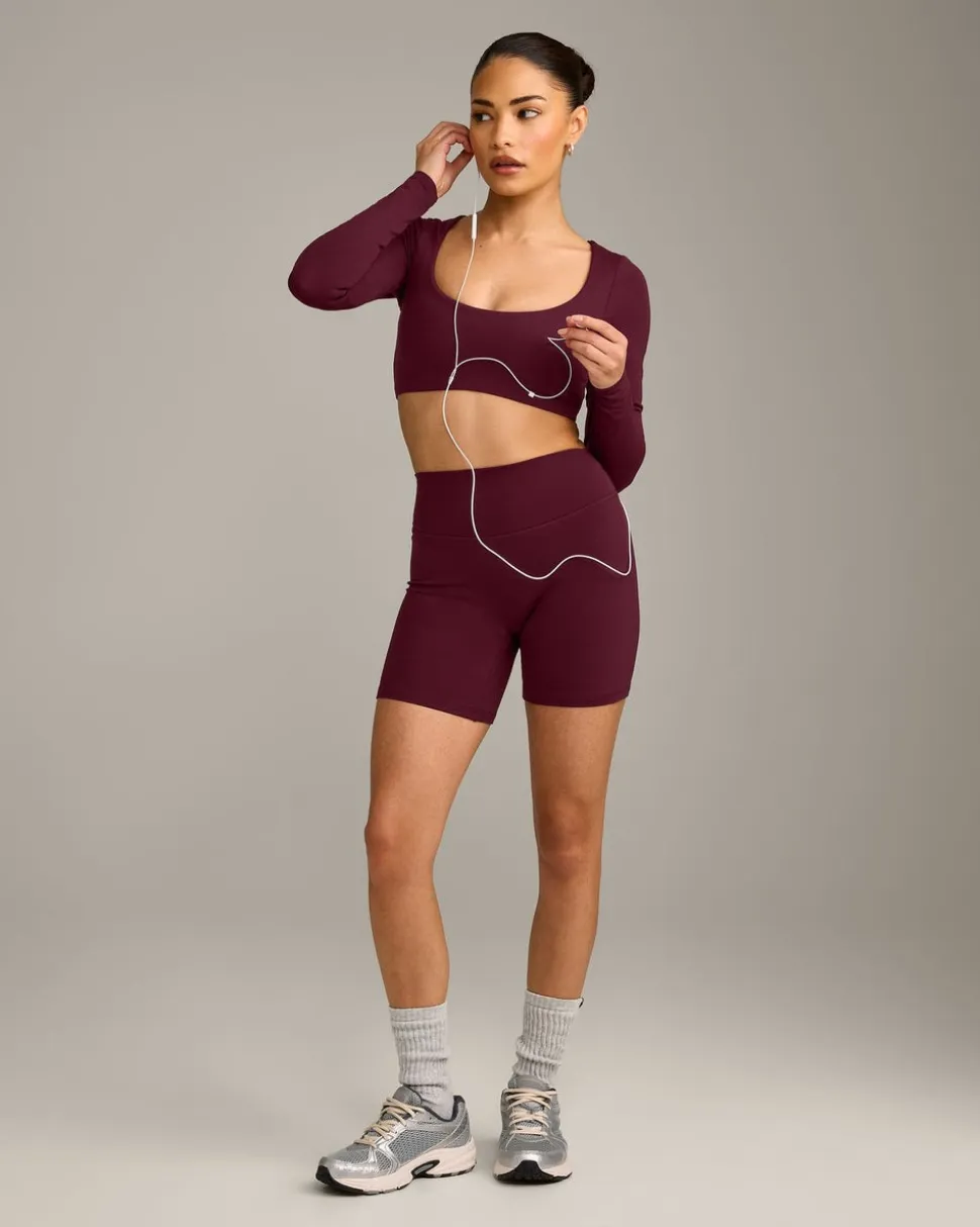 SoftMotion™ Scoop Neck Long Sleeve Crop Top with Built in Bra Shelf with Grey Logo