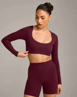 SoftMotion™ Scoop Neck Long Sleeve Crop Top with Built in Bra Shelf with Grey Logo