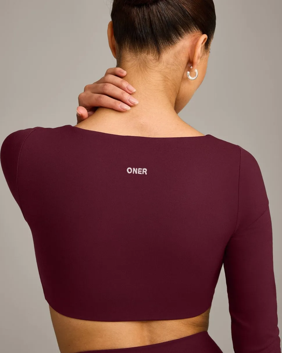 SoftMotion™ Scoop Neck Long Sleeve Crop Top with Built in Bra Shelf with Grey Logo