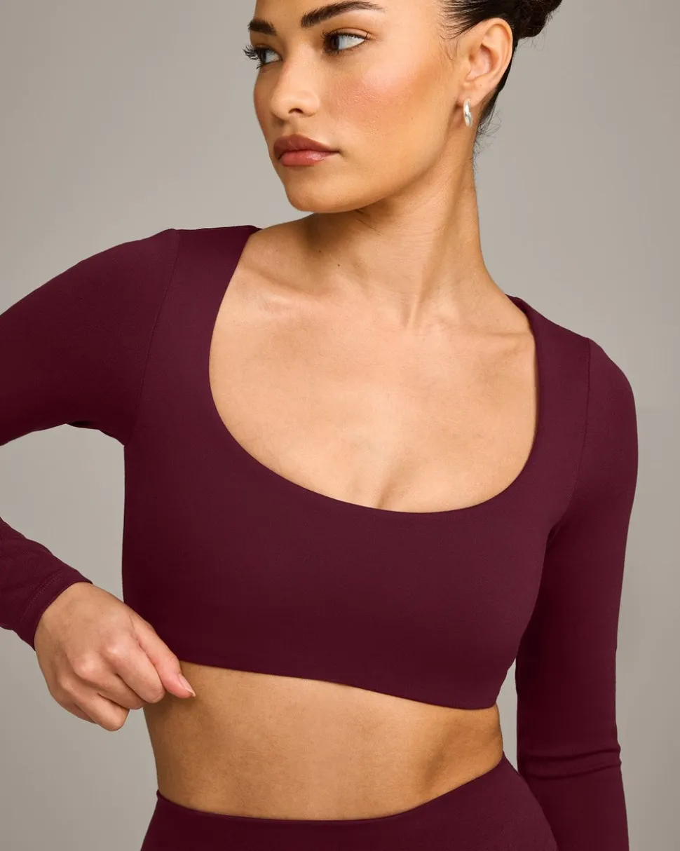 SoftMotion™ Scoop Neck Long Sleeve Crop Top with Built in Bra Shelf with Grey Logo