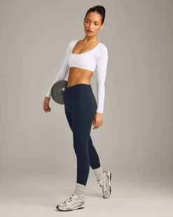 SoftMotion™ Scoop Neck Long Sleeve Crop Top with Built in Bra Shelf with Grey Logo
