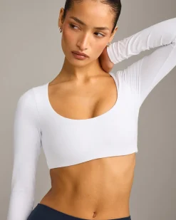 SoftMotion™ Scoop Neck Long Sleeve Crop Top with Built in Bra Shelf with Grey Logo