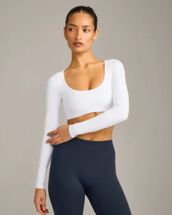 SoftMotion™ Scoop Neck Long Sleeve Crop Top with Built in Bra Shelf with Grey Logo