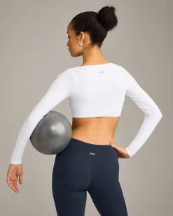 SoftMotion™ Scoop Neck Long Sleeve Crop Top with Built in Bra Shelf with Grey Logo