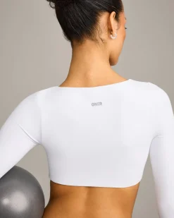 SoftMotion™ Scoop Neck Long Sleeve Crop Top with Built in Bra Shelf with Grey Logo