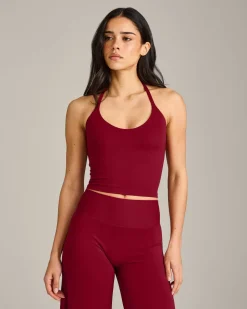 SoftMotion™ Strappy Halter Neck Mid Tank Top with Built in Bra Shelf with Grey Logo